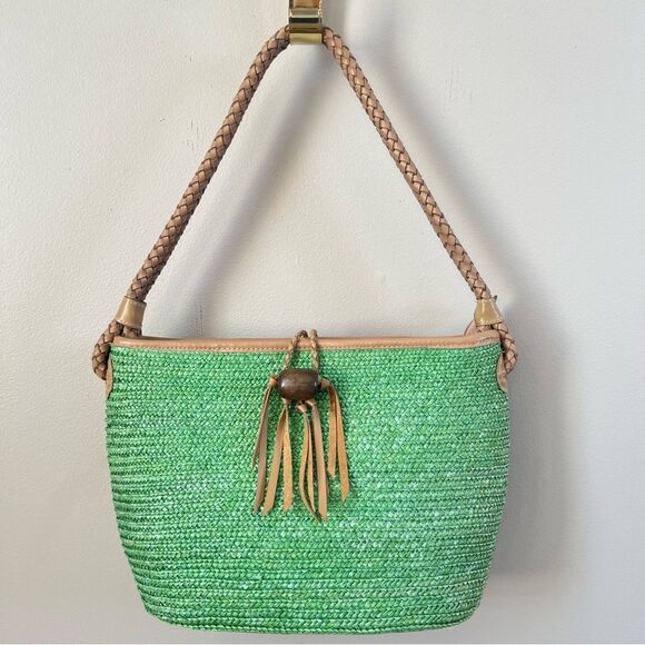 VTG Donna Dixon Kelly Green Braided Handle Raffia Woven Shoulder Bag Purse - Picture 1 of 15